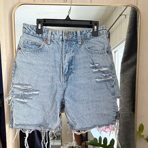 Zara Light Blue Distressed High-Waist Denim Shorts